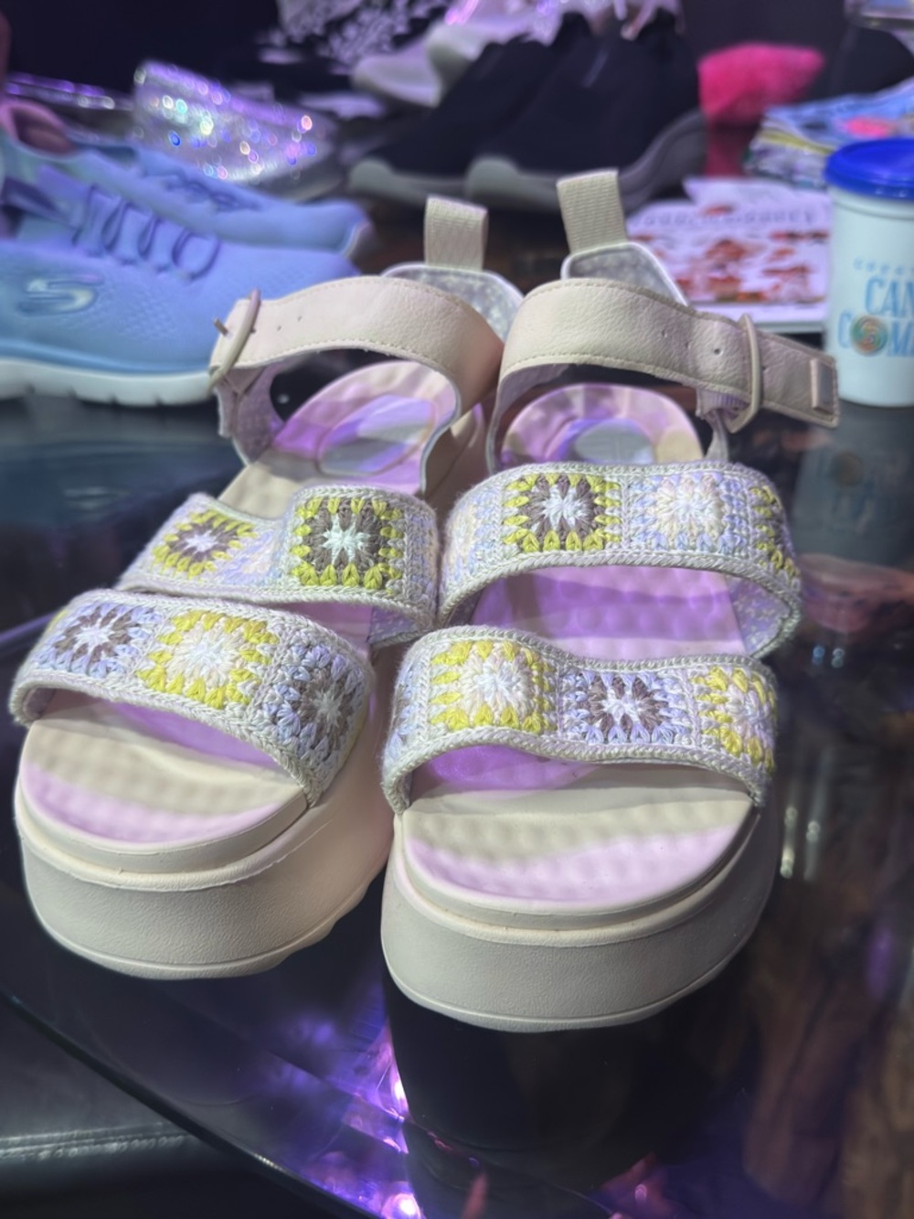 Easy Spirit Pink and Yellow Crochet Strap Platform Sandals